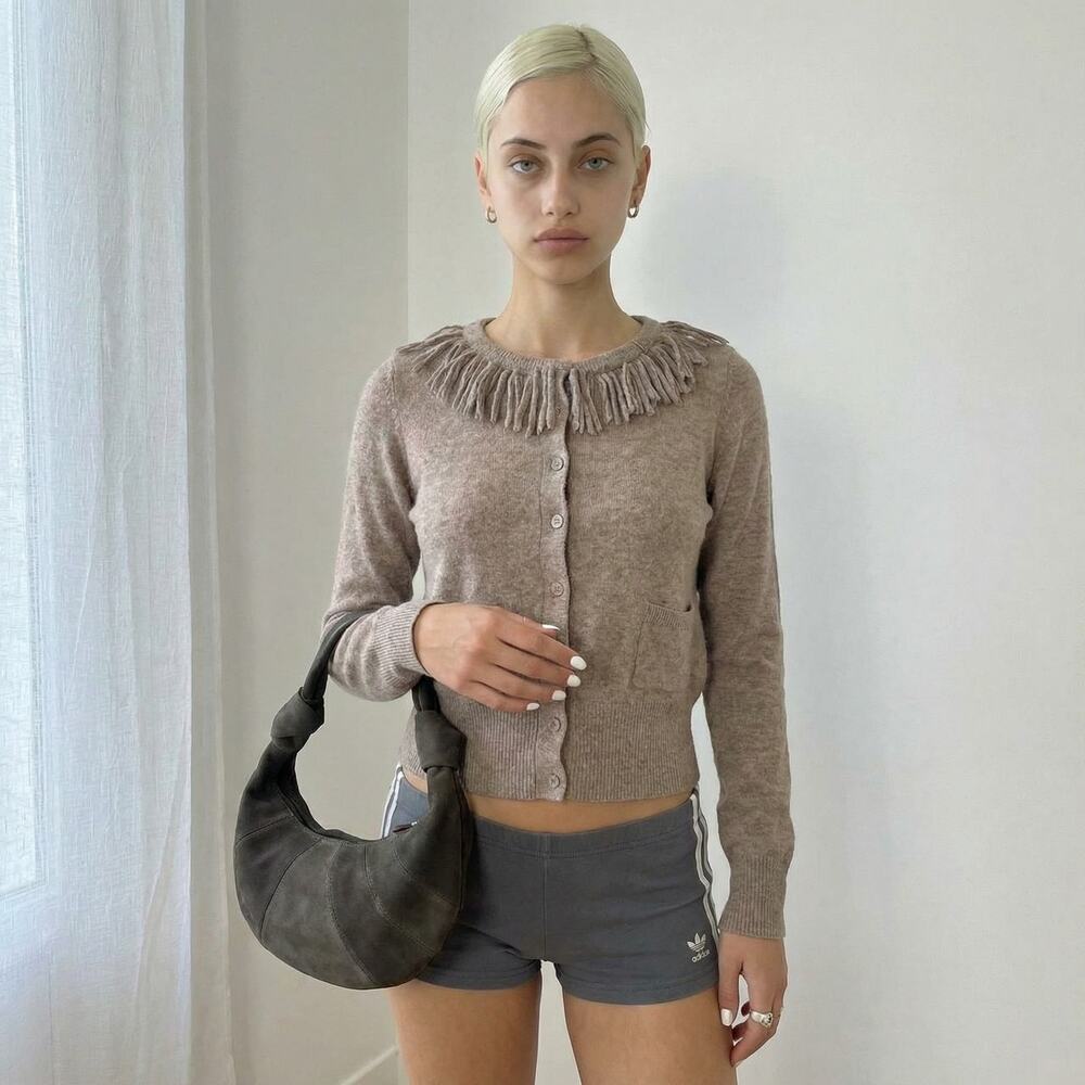 Vintage Marella Taupe Wool Cashmere Cardigan Fringe Collar (S)